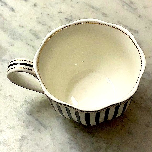 GRACES TEAWARE FLAT CUP SAUCER SET BLACK STRIPE & DOTS METALLIC GOLD DOTS NEW - Picture 10 of 14